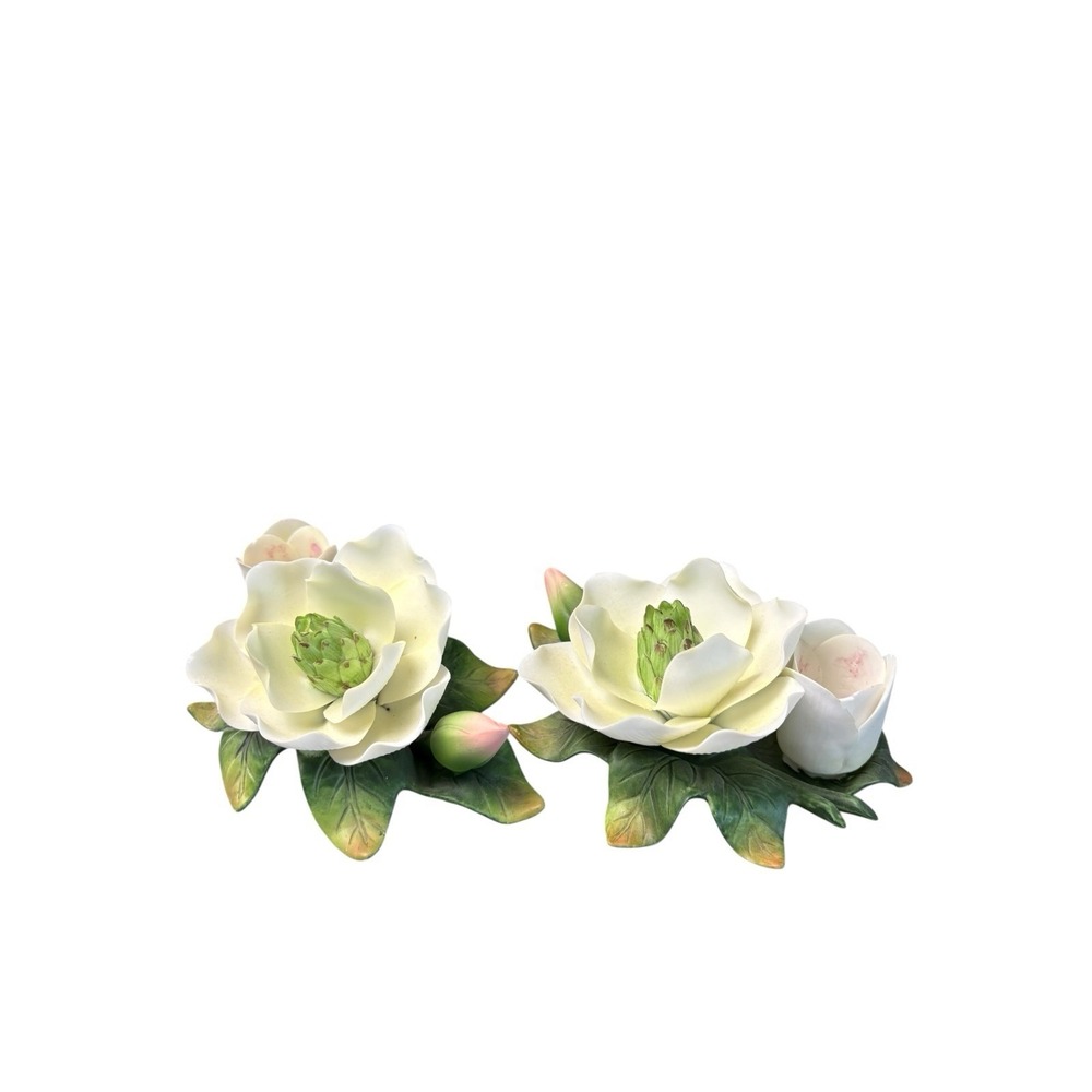 Set 2 Vintage Magnolia Flower Porcelain Figurines White Floral Decor